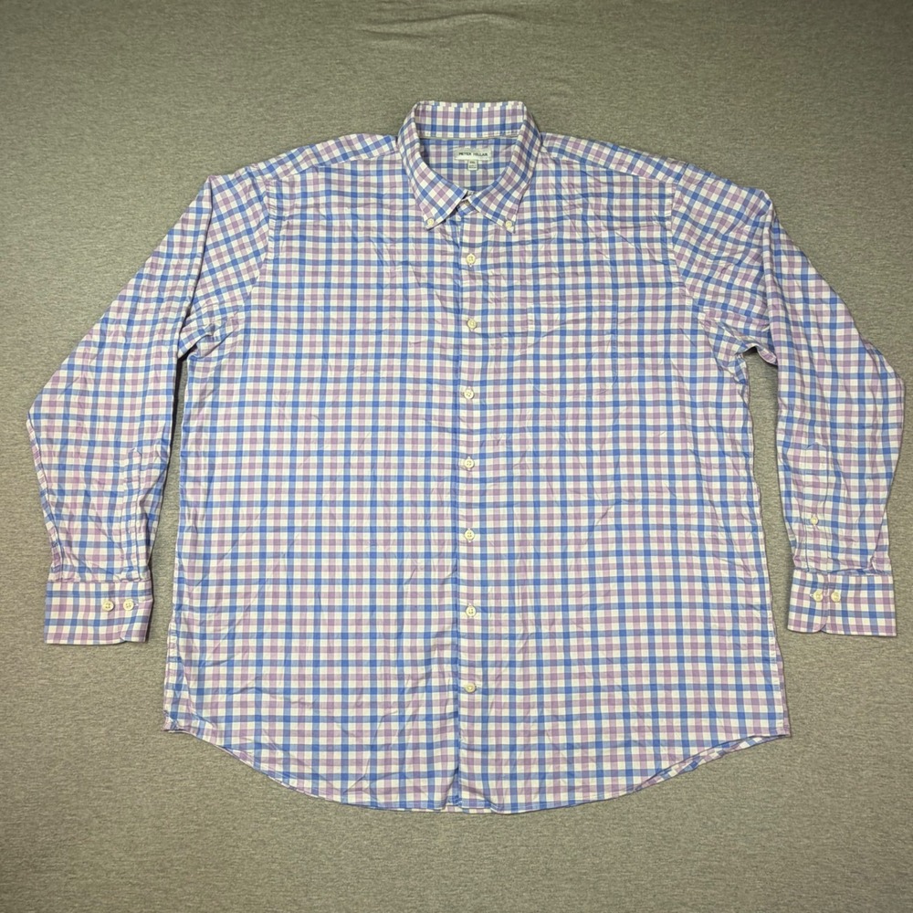 Peter Millar Mens XXL Gingham Button Down Shirt Blue Purple‎ Long Sleeve Stretch
